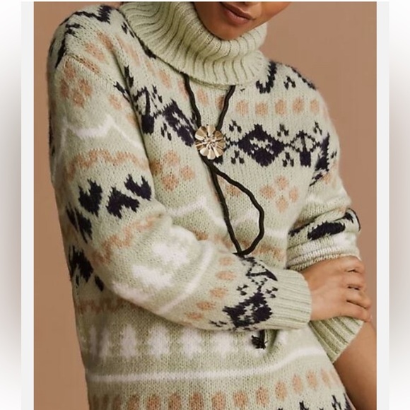 Anthropologie fair isle tunic pullover sweater in mint green Christmas trees - Picture 3 of 16